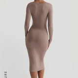 V-Shape Long Sleeve Midi Dress - Warm Mocha