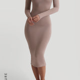 V-Shape Long Sleeve Midi Dress - Warm Mocha