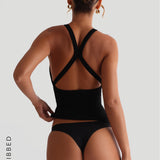 Form-Ribbed Plunge Split-Back Tank Top - Black