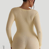 Button Up Micro-Ribbed Romper - Banana