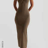 Form-Ribbed Button-Down Maxi Dress - Latte Taupe