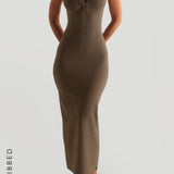 Form-Ribbed Button-Down Maxi Dress - Latte Taupe