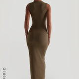 Form-Ribbed Button-Down Maxi Dress - Latte Taupe