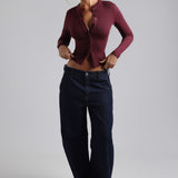 Form-Ribbed Button-Up Long Sleeve Top - Black Cherry