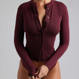 Form-Ribbed Button-Up Long Sleeve Top - Black Cherry