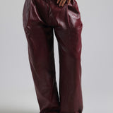 The Ivy-Wide Leg Leather Trousers - Black Cherry