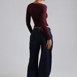 Form-Ribbed Button-Up Long Sleeve Top - Black Cherry