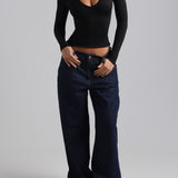 Plunge V-Neck Long Sleeve Top - Black