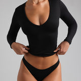 Plunge V-Neck Long Sleeve Top - Black