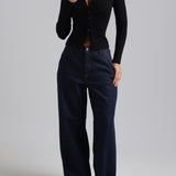 Form-Ribbed Button-Up Long Sleeve Top - Black