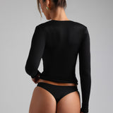 Plunge V-Neck Long Sleeve Top - Black
