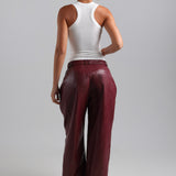 The Ivy-Wide Leg Leather Trousers - Black Cherry