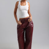 The Ivy-Wide Leg Leather Trousers - Black Cherry