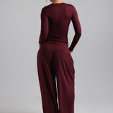 Plunge V-Neck Long Sleeve Top - Black Cherry