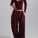 Plunge V-Neck Long Sleeve Top - Black Cherry