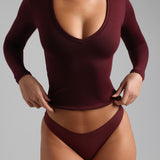 Plunge V-Neck Long Sleeve Top - Black Cherry