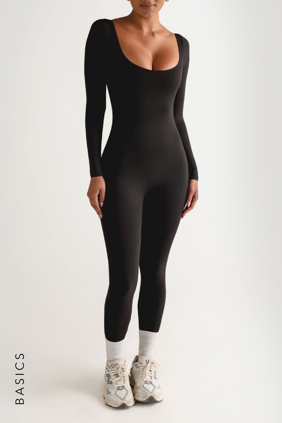 Round Neck Long Sleeve Jumpsuit - Black