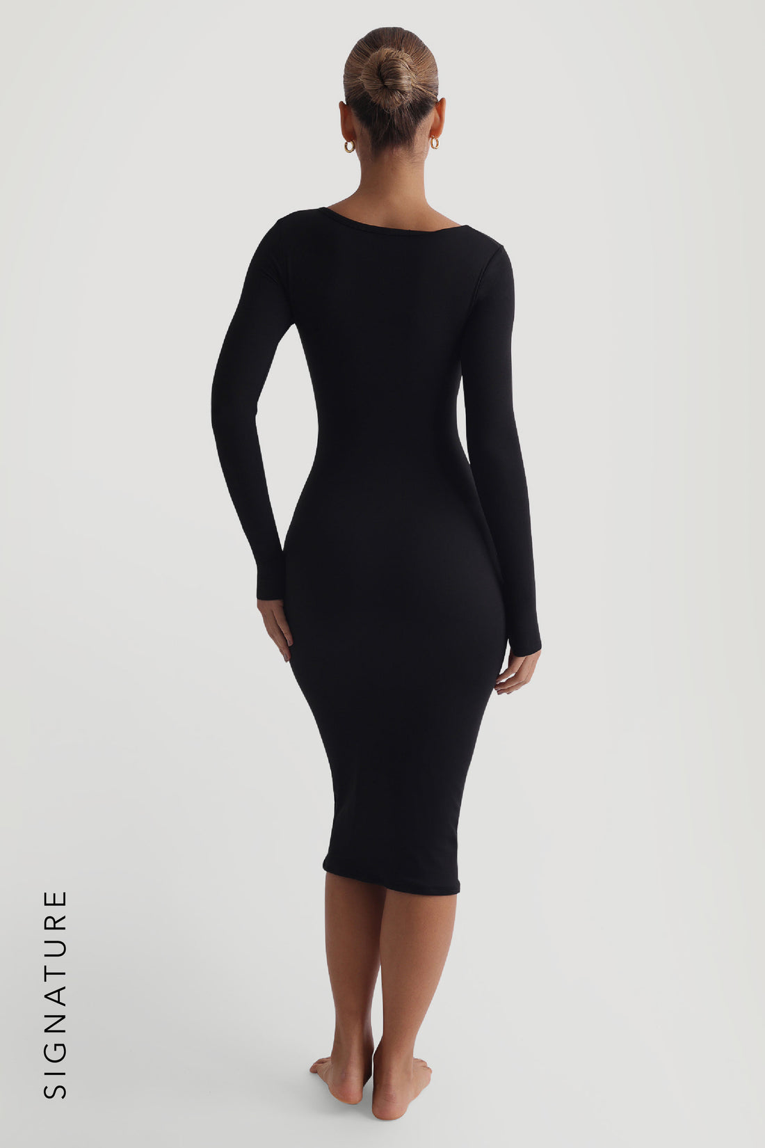 V-Shape Long Sleeve Midi Dress - Black