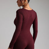 Button Up Micro-Ribbed Romper - Black Cherry