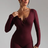 Button Up Micro-Ribbed Romper - Black Cherry