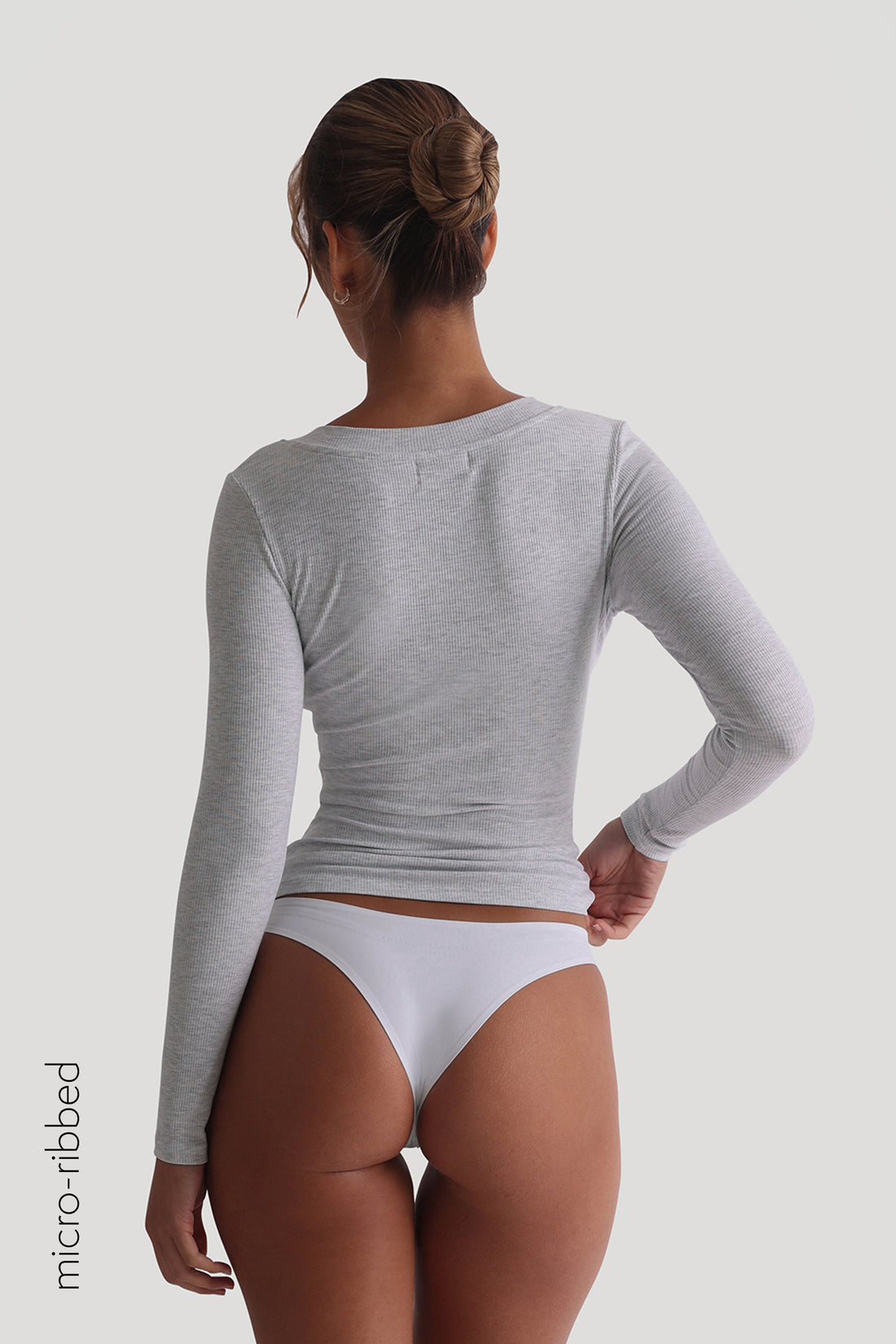 V-Shape Micro-Ribbed Long Sleeve Top - Light Heather Gray