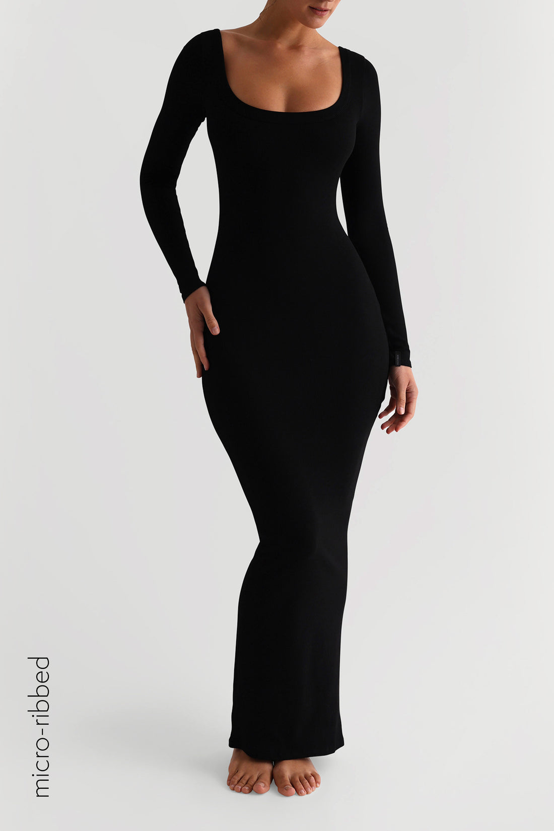 Scooped Micro-Ribbed Maxi Dress - Black
