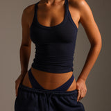 Round Neck Micro-Ribbed Tank Top - Navy