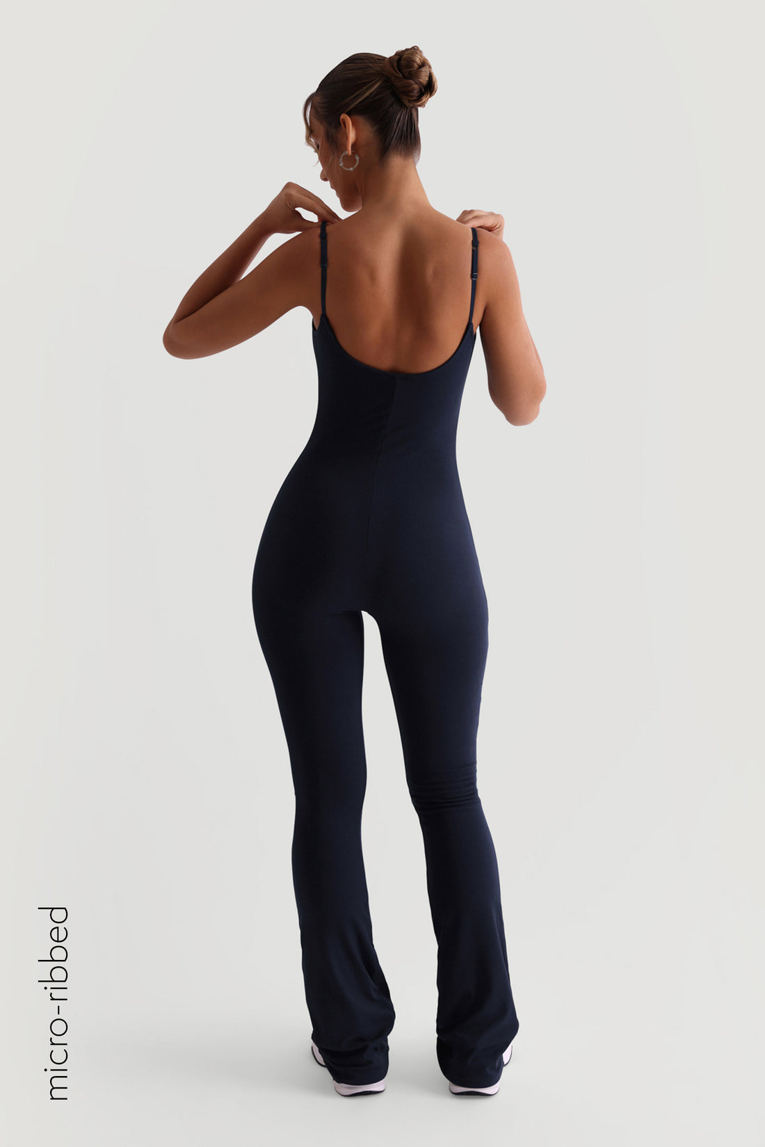 Slip-On Micro-Ribbed Flared Jumpsuit - Navy
