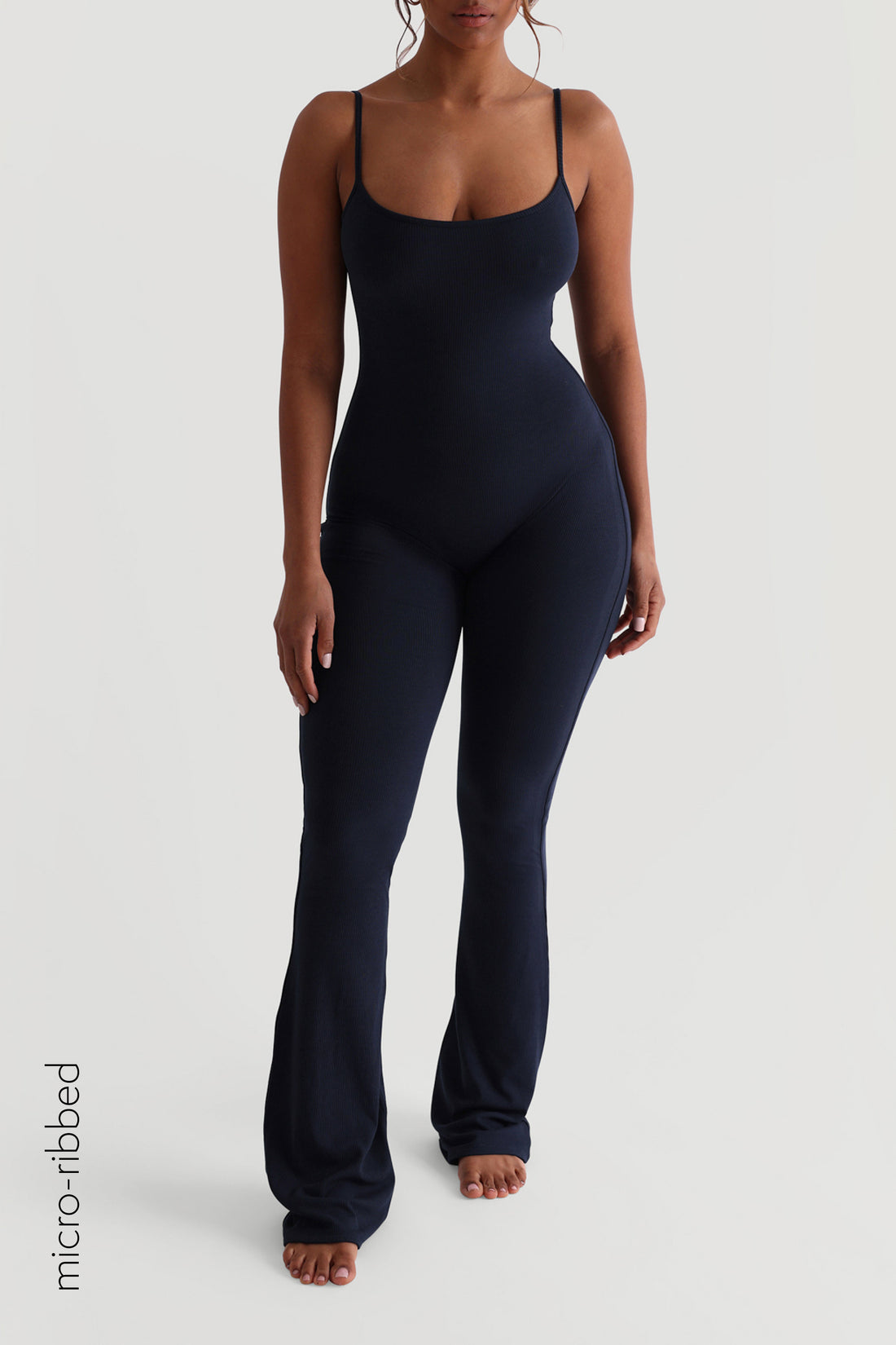 Slip-On Micro-Ribbed Flared Jumpsuit - Navy