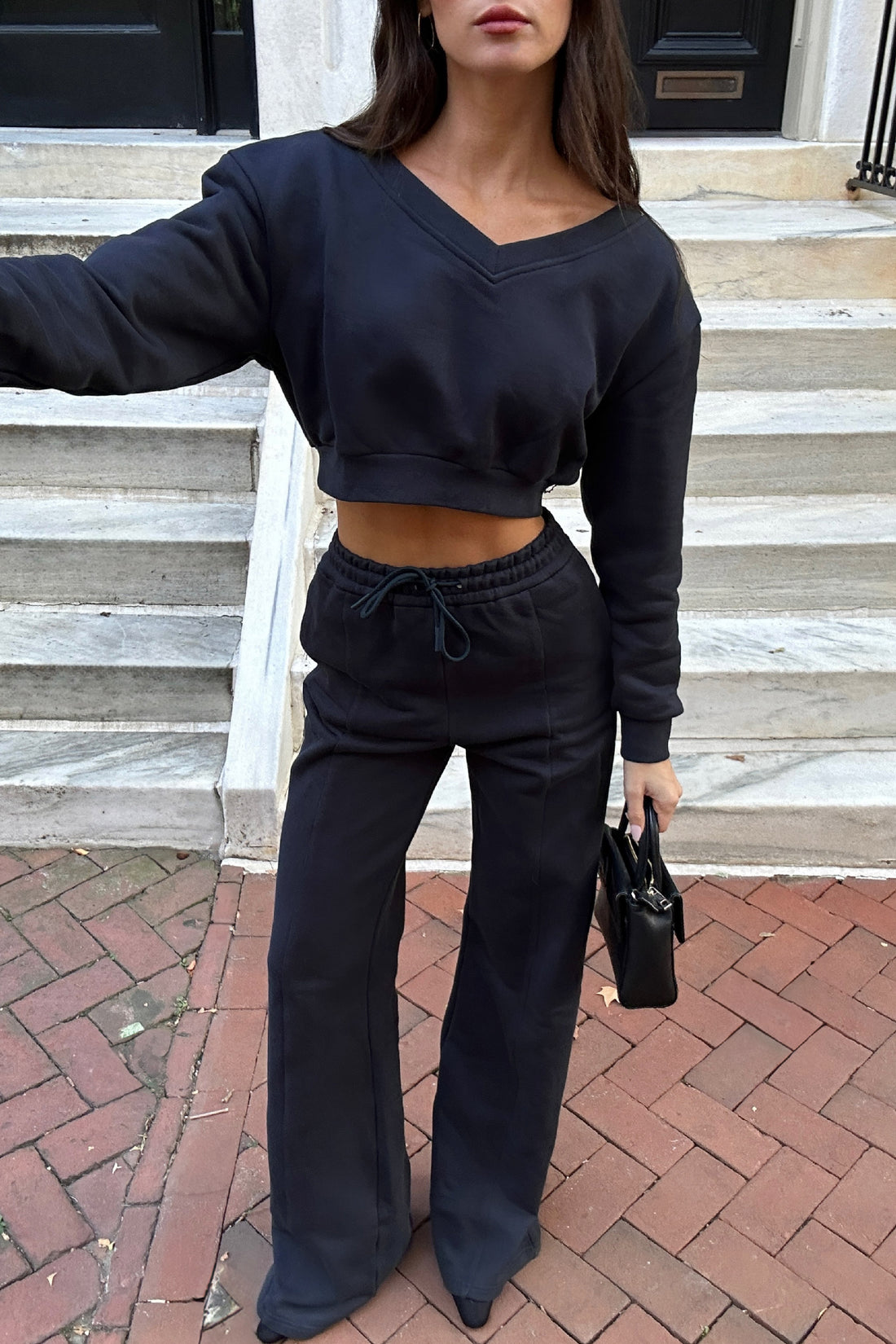 Structured Wide Leg Sweatpants - Navy