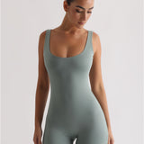 Deep Scoop Open Back Romper - Vintage Green