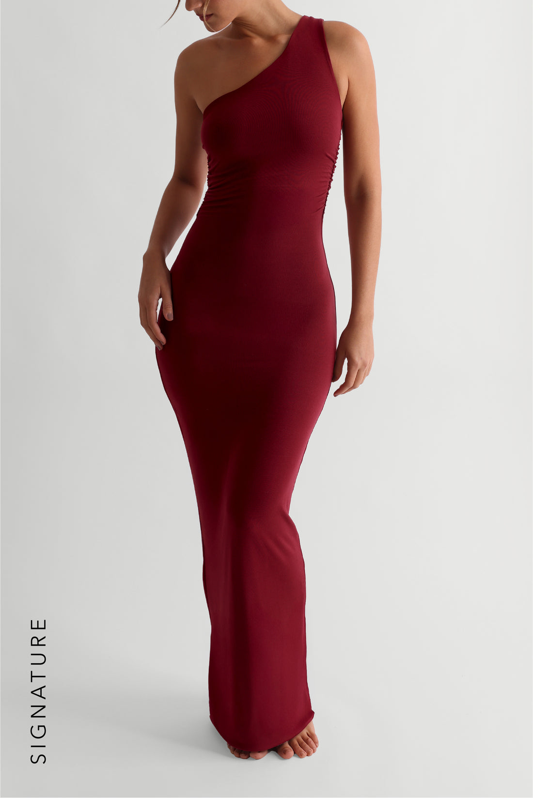 The One-Shoulder Ruched Maxi Dress - Wine