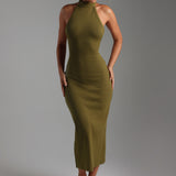 Form-Ribbed High Neck Maxi Dress - Olive