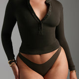 Form-Ribbed Button-Up Long Sleeve T-Shirt - Charcoal