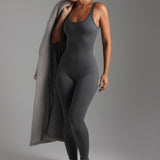 Banded Scoop Neck Jumpsuit - Dark Stone Gray