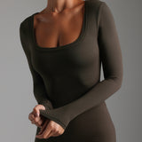 U-Shape Long Sleeve Jumpsuit - Charcoal