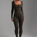U-Shape Long Sleeve Jumpsuit - Charcoal