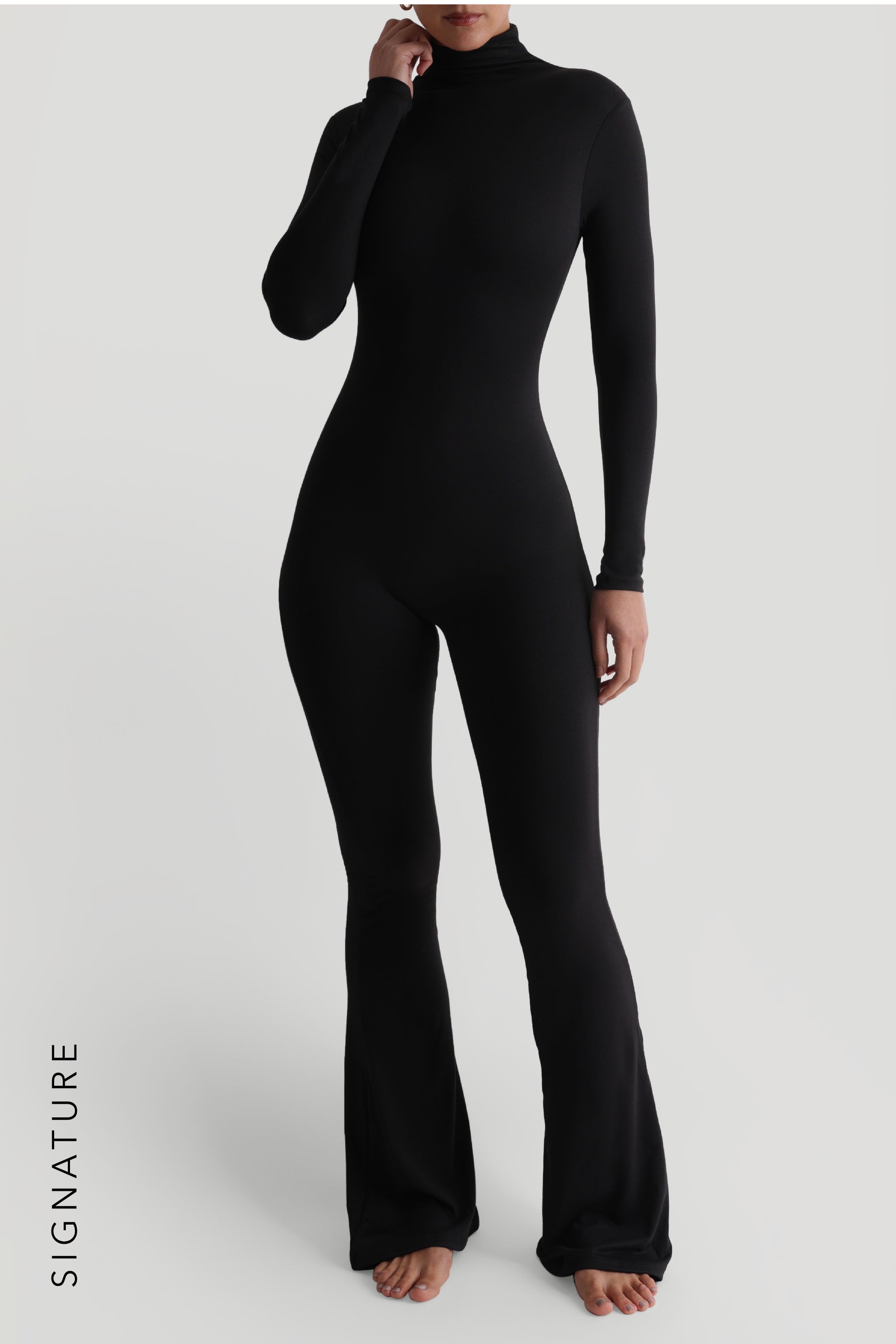 Seamless Long Sleeve Turtleneck Flared Jumpsuit Black My Outfit Online