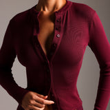 Form-Ribbed Button-Up Long Sleeve Top - Black Cherry