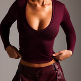 Plunge V-Neck Long Sleeve Top - Black Cherry