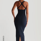 Form-Ribbed Cross-Back Midi Dress - Navy
