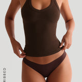 V-Neck Micro-Ribbed Halter Top - Toasted Cocoa