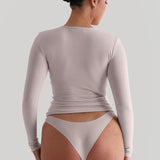 Zip-Up Long Sleeve T-Shirt - Soft Beige