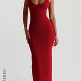 Form-Ribbed Plunge Split-Back Maxi Dress - Pomegranate