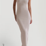 Sleeveless Turtleneck Form-Ribbed Maxi Dress - Light Oat