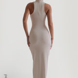 Sleeveless Turtleneck Form-Ribbed Maxi Dress - Light Oat