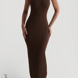 Sleeveless Turtleneck Form-Ribbed Maxi Dress - Cocoa