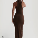 Sleeveless Turtleneck Form-Ribbed Maxi Dress - Cocoa