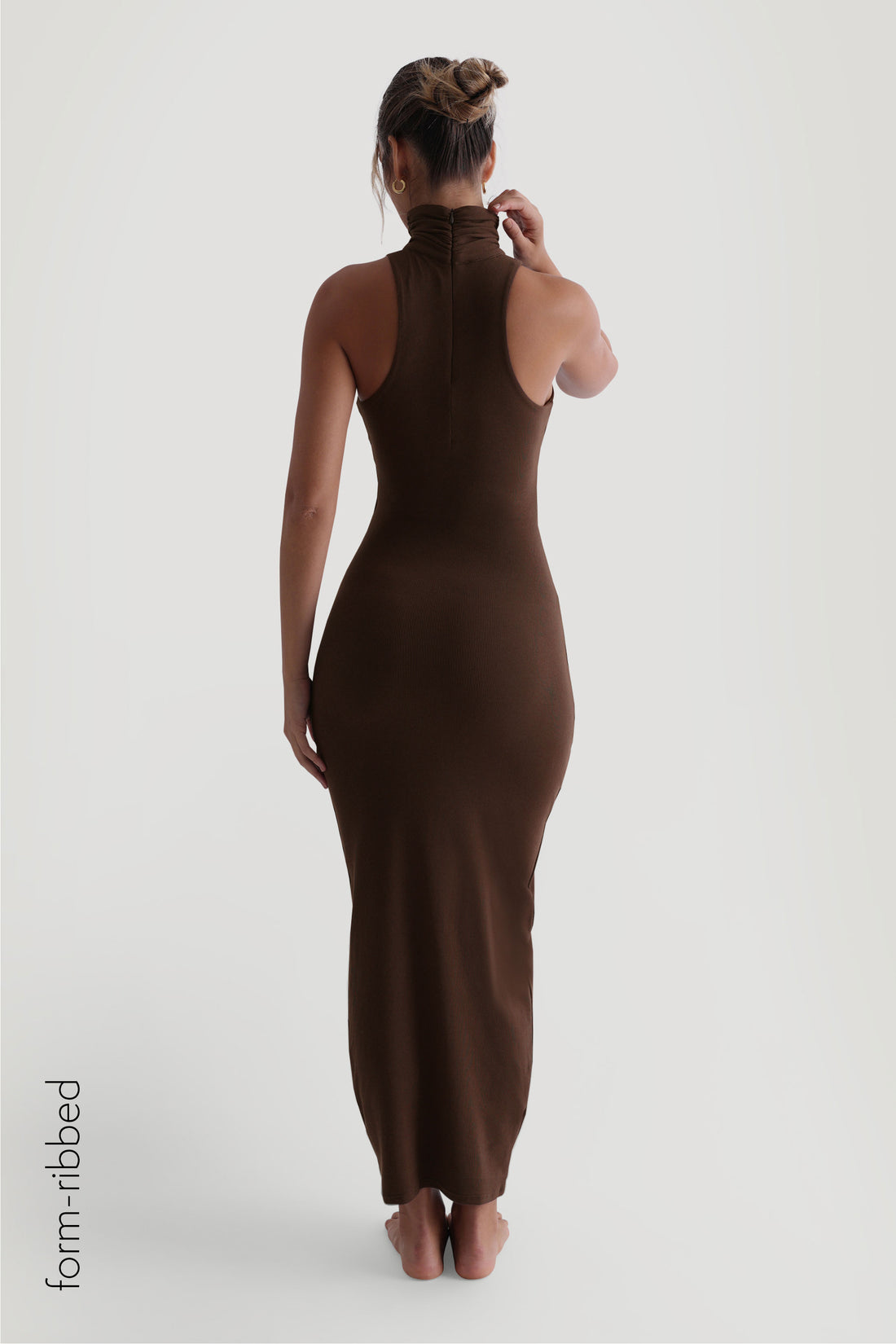 Sleeveless Turtleneck Form-Ribbed Maxi Dress - Cocoa