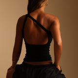Form-Ribbed One-Shoulder Open-Back Top - Black